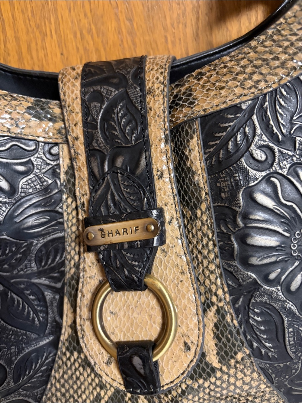 Sharif Floral Embossed Snakeskin Tote iBlack & Tan 17” x 9.5” x 4.5” NWOT - Picture 2 of 9